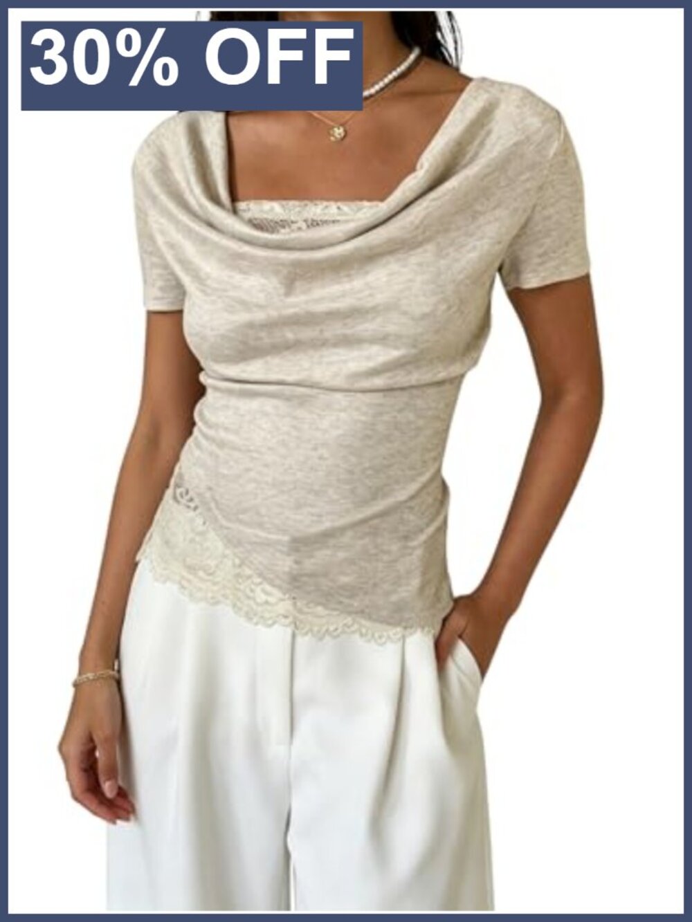 Womens Cowl Neck Lace Short Sleeve Ruched Business Casual T-Shirt